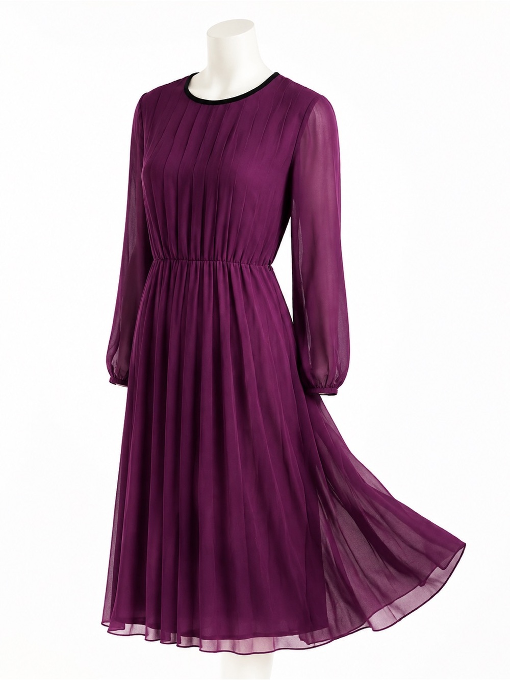 Max Mara 100% Silk Pleated Purple Midi Dress Long Sleeve S Made Italy Vintage